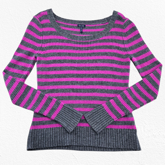 Splendid Gray Magenta Pink Stripe Scoop Neck Sweater Merino Alpaca Size Medium - Picture 1 of 6